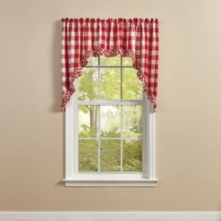 Park Designs Buffalo Check Ruffled Red Swags 72" X 36"