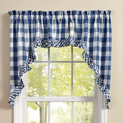 Park Designs Buffalo Check Ruffled China Blue Swags 72" X 36" 1 Park Designs Buffalo Check Ruffled China Blue Swags 72" X 36"